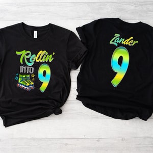 May include: Two black t-shirts with a green, yellow, and blue number nine design. One shirt says "Rollin' into 9" with a pair of roller skates. The other shirt says "Zander".