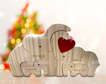 Casse-tête personnalisé en bois pour la famille des éléphants : décoration souvenir