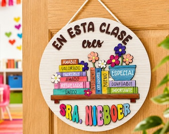 Letrero de puerta personalizado para profesor de español, letrero para aula de maestra, letrero de bienvenida para profesora latina bilingüe, colgador de puerta personalizado para profesor de idiomas