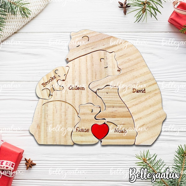 Personalized Wooden Bear Family Puzzle, Wooden Bear Puzzle with Family Names, Family Keepsake Gift, Christmas Home Decor, Animal figurines