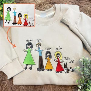 Custom Embroidered Kids&#39; Drawing Sweatshirt, Personalized Mom And Dad Gifts, Outline Portrait Shirt, Draw From Photo For Kids Sweatshirt