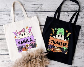 Custom Name Halloween Tote Bag, Trick Or Treat Tote Bag, Halloween Squad Totes, Kids Halloween Tote Bag, Candy Tote Bags, Halloween Gift