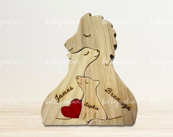 Decoración de rompecabezas de la familia de leones de madera, regalos de recuerdo familiar, regalos de familia de animales, nuevo regalo de bebé, familia de leones de madera, tallas de mascotas de madera