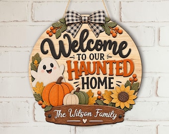 Personlig Halloween-dörrskylt, Välkommen till vårt hemsökta hem, pumpalapp-dörrhängare, Halloween-dekor till ytterdörren, höstsäsongsdekor