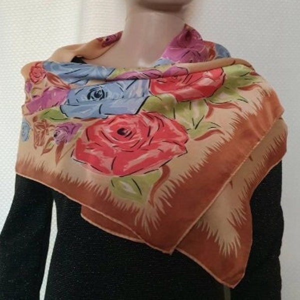 BRIGHT FLORAL DESIGNED - 60s Style Silk Satin Scarf/Shawl.