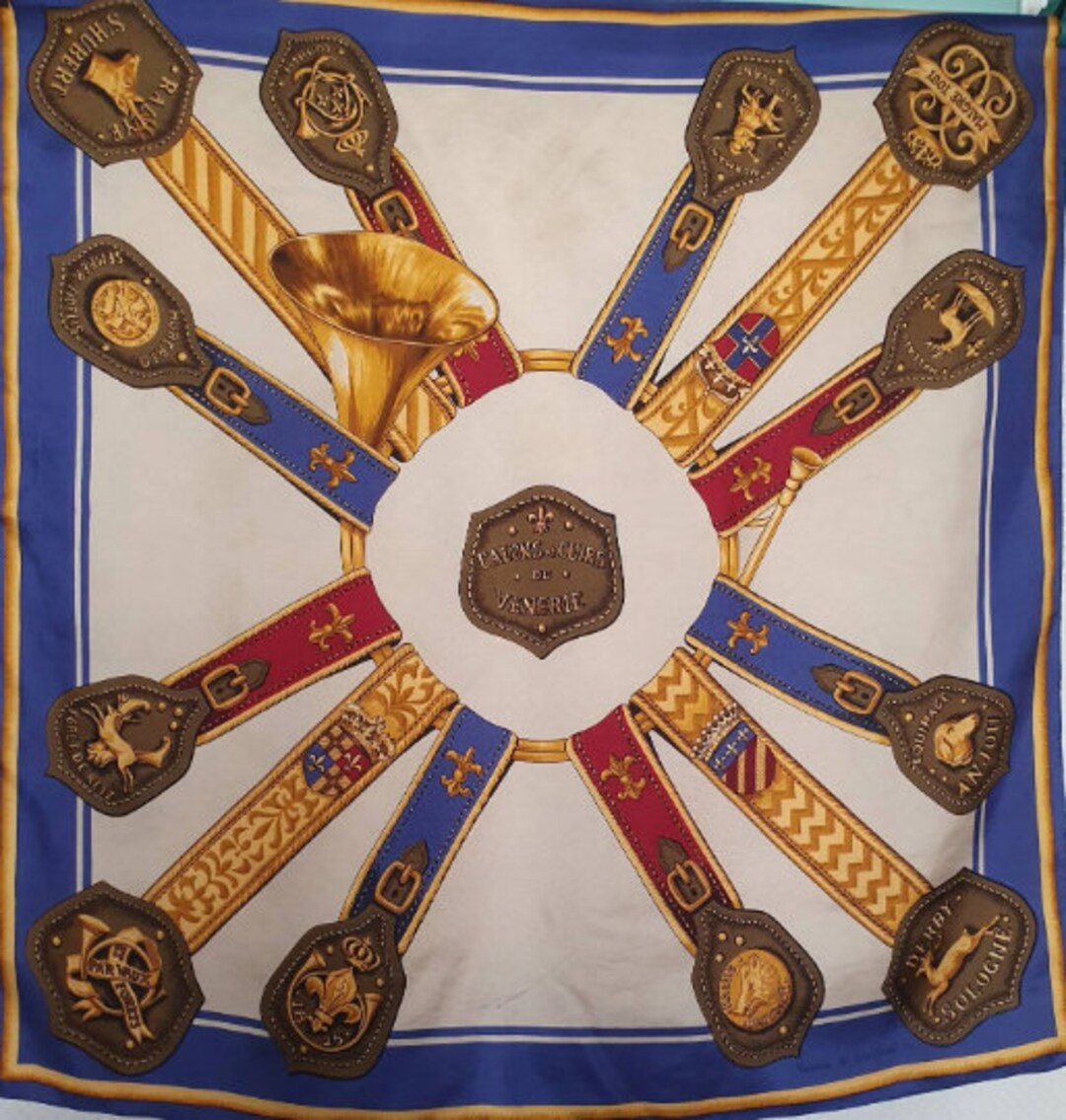 Foulard Vintage En Soie 100% Cuivres Et Cuirs D'Attelage - Motif Géométrique - Occasion