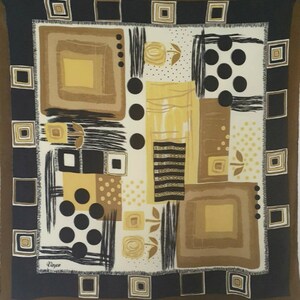 May include: Square silk scarf with an abstract design in shades of brown, black, and yellow. The scarf features geometric shapes, including squares and circles, and floral accents. The border is a dark brown with square patterns.