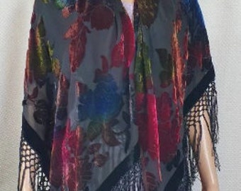 RUBI PASINI - Huge Velvet Devore Silk Blend Scarf with Roses Motif.