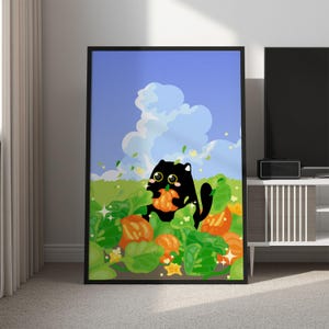 May include: A framed art print featuring a black cat holding a pumpkin in a garden setting. The artwork has a blue sky background with fluffy white clouds, green foliage, and orange pumpkins. The cat has large yellow eyes.