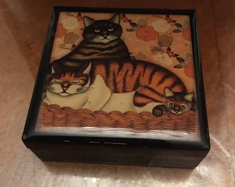 Porcelain Hinged Box Silver Tabby Kitty Cat on Cushion under Hat Trinket Box