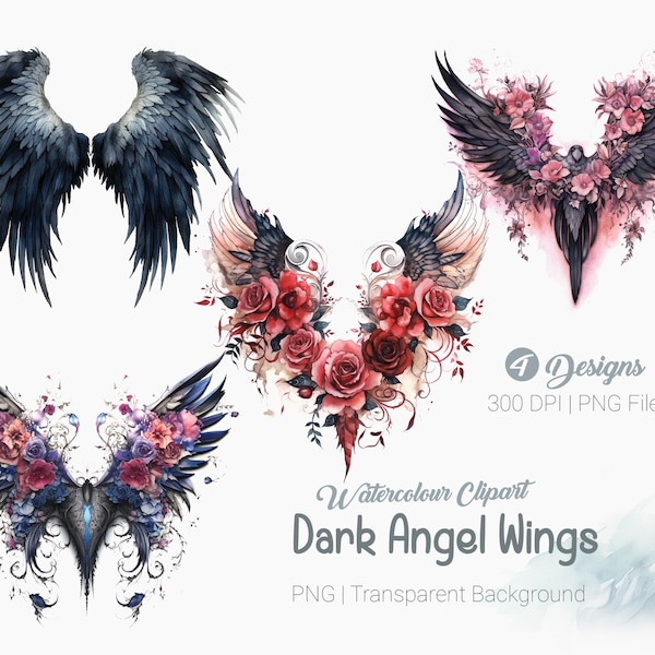 Dark Angel Wings clipart, Watercolor Wings clip art, Floral wing clipart, printable graphics Sublimation print, transparent background png
