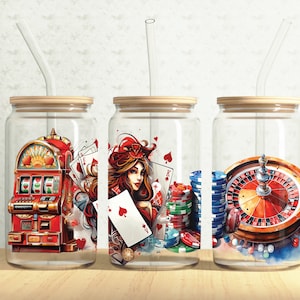 Emballage de boîte de conserve en verre Casino, boîte en verre de 16 oz pour cartes à jouer, emballage de gobelet en verre Libbey de 16 oz Las Vegas, design par sublimation