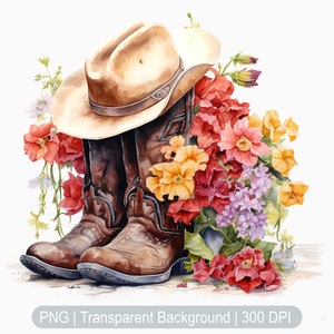 Floral Cowgirl Boots Clipart, Cowgirl hat Clipart, Watercolor Cowboy Boots Clipart, Country Sublimation print, transparent background png