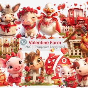 Clipart di animali da fattoria di San Valentino, animali dell'amore Png, rose rosse, grafica di sublimazione stampabile, stampa artistica da parete con sfondo trasparente