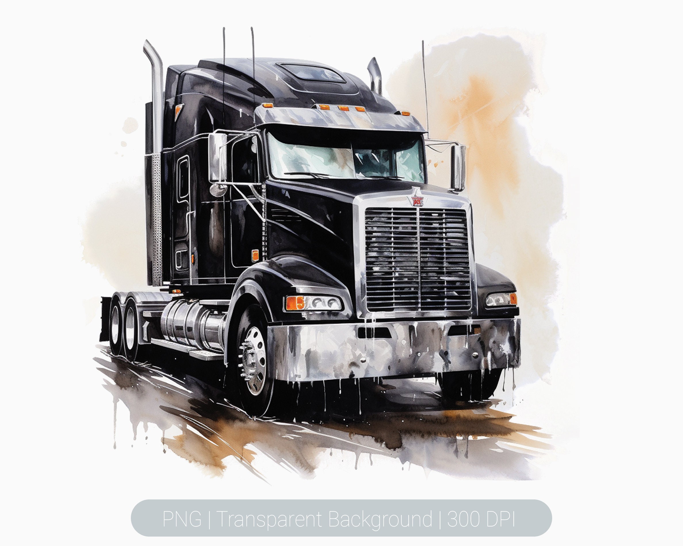 Semi Truck Clipart, Black 18 Wheeler Semi Truck, Watercolor, American