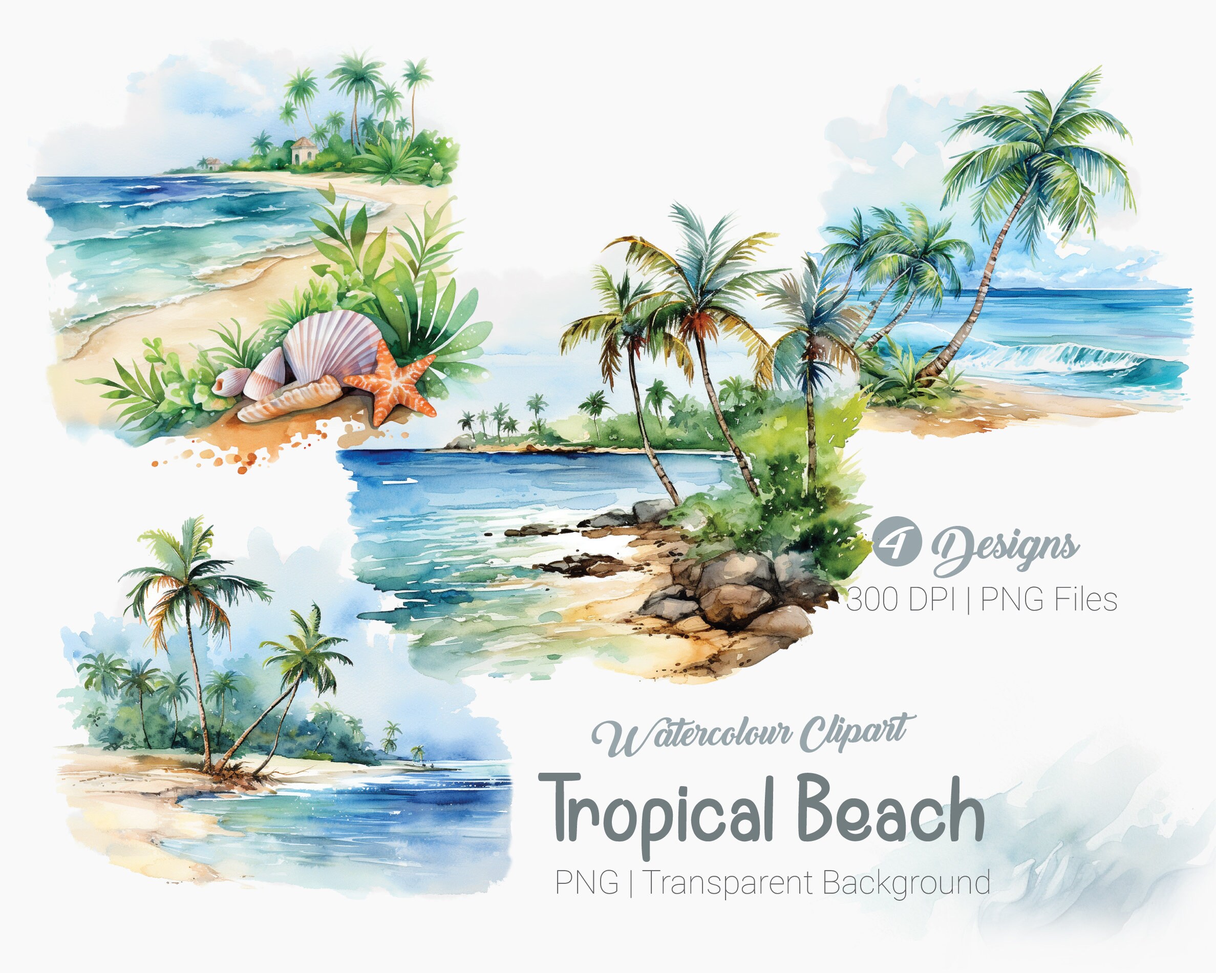 Watercolor Tropical Beach Clipart, Beach Clipart, Sea Shells, Sublimation Graphics, transparent background, Wall Art Print
