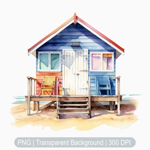 Beach Hut Watercolor Clipart, Beach House png, Digital Art, Sublimation graphics, transparent png, Summer, Wall art prints, illustrations