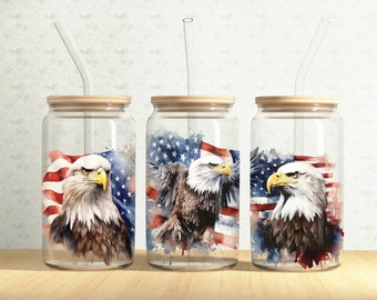 Patriotic Eagle Glass Can Wrap, Bald Eagle 16oz Glass Can, American Eagle 16oz Libbey Glass Cup Tumbler Wrap, Sublimation Design