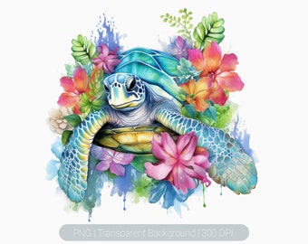 Watercolor Floral Hawaii Turtle Clipart, surfing tropical island clipart, flowers png, Sublimation graphics, transparent background png