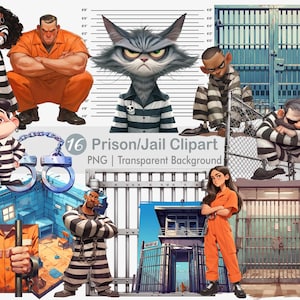 May include: A set of 16 digital clipart images featuring various prison and jail themed illustrations. The images include a cat wearing a striped prison uniform, a person in a striped prison uniform holding handcuffs, a person in an orange jumpsuit, and a jail cell with bars.