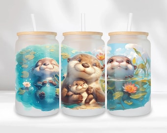 Cute Otters Glass Can Wrap, Cute Animals 16oz Glass Can, Floral Otter 16oz Libbey Glass Cup Tumbler Wrap, Sublimation Design