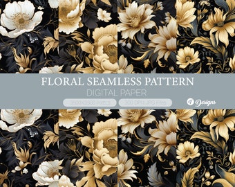 Black and Gold Floral digital paper, Seamless Pattern rose printable, rustic flower backgrounds and patterns junk pages, Scrapbook Paper