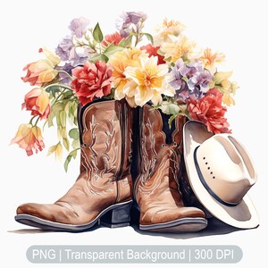 Floral Cowgirl Boots Clipart, Cowgirl hat Clipart, Watercolor Cowboy Boots Clipart, Country Sublimation print, transparent background png
