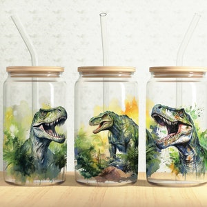Dinosaur Glass Can Wrap, Forest Dinosaur 16oz Glass Can, T-rex Dinosaur 16oz Libbey Glass Cup Tumbler Wrap, Sublimation Design