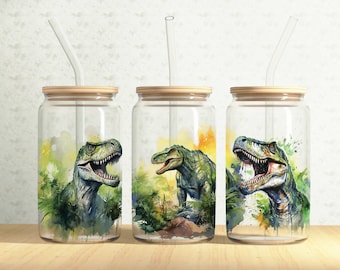 Dinosaur Glass Can Wrap, Forest Dinosaur 16oz Glass Can, T-rex Dinosaur 16oz Libbey Glass Cup Tumbler Wrap, Sublimation Design