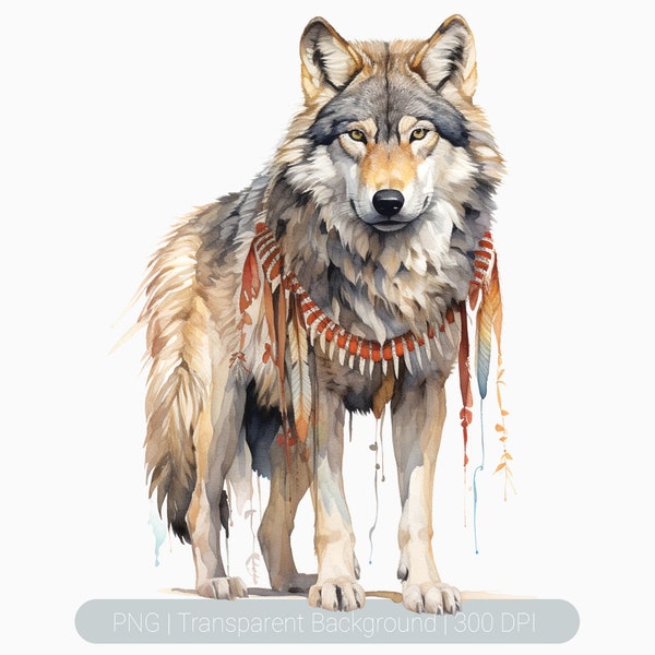 Clipart de loup amérindien, loup bohème, coiffure png, indigène, graphiques imprimables par sublimation, scrapbooking, créations en papier, impression d'art mural