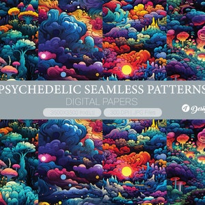 Psychedelic digital paper, Psychedelic World Seamless Pattern, Trippy Hippie backgrounds, junk pages, Scrapbook Paper, Wallpaper, Prints,