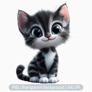 Cute Cat Clipart, Black & Grey Stripy Kitten, Cartoon cat, Junk Journals, Scrapbooking, Printable Sublimation Graphics, Commercial Use