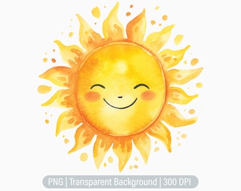 Op de afbeelding: Een aquarel-illustratie van een lachende zon met een geel gezicht en oranje stralen. De zon heeft roze wangen en een vrolijke uitdrukking.