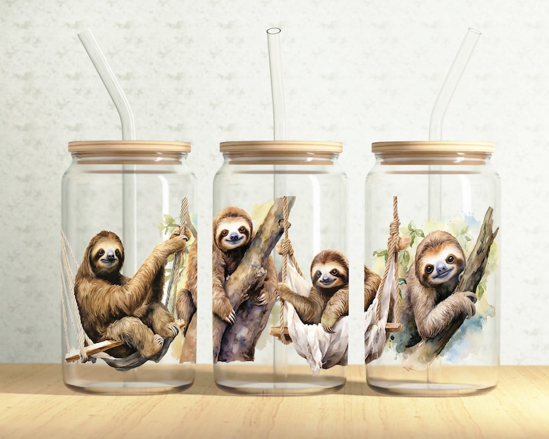 Sloths Can Wrap, Sloth on Swings 16oz Glass Can, Cute Sloth 16oz Libbey ...