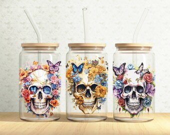 Floral Skulls Glass Can Wrap, Flower Skull 16oz Glass Can, Butterfly Skull 16oz Libbey Glass Cup Tumbler Wrap, Sublimation Design
