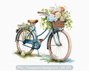 Floral Bicycle Clipart, Vintage Watercolor Bicycle, Spring Flowers, transparent png, Printable art, Retro Ride, Antique Cycle, Bicycle png