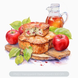 Clipart z akwarelą Apple, Apple cake png, apple pie, sok jabłkowy png print, clipart piknikowy z jabłkami, przezroczyste tło, wydruki ścienne