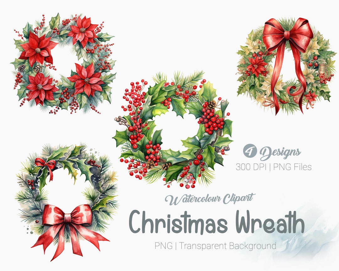 Christmas Wreath Clipart Watercolour Door Wreath Clipart Etsy