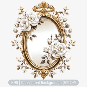 Espejo floral dorado, clipart, princesa dorada PNG, espejo de princesa, diario basura, scrapbooking, gráficos de sublimación, png transparente, impresión artística