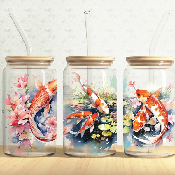 Koi Fish Glass Can Wrap, Japan Fish 16oz Glass Can, Koi Fish Pond 16oz Libbey Glass Cup Tumbler Wrap, Sublimation Design