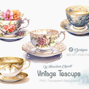 Vintage Teetasse Clipart, Aquarell Teetasse PNG, Blumen Teetassen, Teezeit, Tee-Party, Sublimationsgrafiken, transparenter Hintergrund PNG