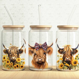 Highland Cow Glass Can Wrap, Cute Cow 16oz Glass Can, Floral Highland Cow, Sunflowers 16oz Libbey Glass Cup Tumbler Wrap, Sublimation Design
