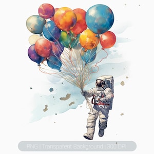Space Astronaut Watercolor Clipart, Outer Space planets png, Galaxy Star Balloons png, floating astronaut, Moon Astronaut, Wall Art Prints