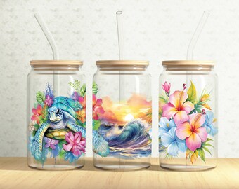 Hawaii Glass Can Wrap, Floral Hawaii Flowers 16oz Glass Can, Hawaii Beach 16oz Libbey Glass Cup Tumbler Wrap, Sublimation Design