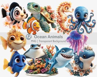 May include: A collection of 12 cartoon ocean animals, including a clownfish, sea turtle, seahorse, octopus, and shark. The image includes the text "12 Ocean Animals PNG | Transparent Background". The animals are surrounded by flowers and coral.