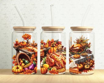 Thanksgiving Table Can Wrap, Thanksgiving 16oz Glass Can, Pumpkin Pie 16oz Libbey Glass Cup Tumbler Wrap, Sublimation Design