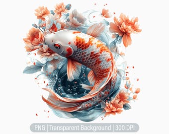 Bloemen koivissen clipart, Japan PNG, vis clipart, ongewenste tijdschriften, scrapbooking, afdrukbare sublimatie graphics, commercieel gebruik