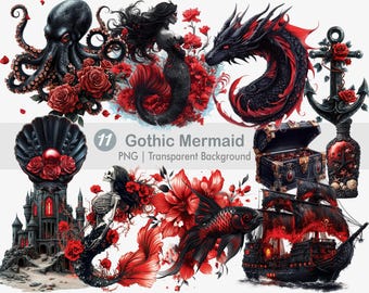 Gothic Meerjungfrau Clipart, Dark Fantasy, dunkle Meerjungfrau, Gothic Drache druckbare Sublimationsgrafiken, transparenter Hintergrund Wandkunst
