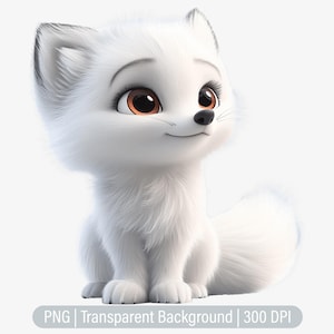 Könnte beinhalten: Ein weißer Polarfuchs mit braunen Augen und einem buschigen Schwanz sitzt auf weißem Hintergrund.