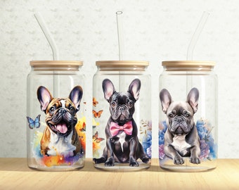 French Bulldogs Glass Can Wrap, Dog 16oz Glass Can, Cute Puppy 16oz Libbey Glass Cup Tumbler Wrap, Sublimation Design